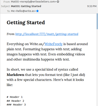 An email of a post titled "Getting Started". It shows the post URL as well as the post itself in the email.