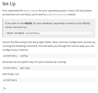 A test screenshot of the WriteFreely install instructions.