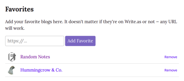 Screenshot of Favorites section on Remark.as, that says "Add your favorite blogs here. It doesn't matter if they're on Write.as or not -- any URL will work."