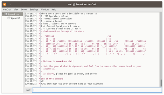 A screenshot of an IRC client that shows "Remark.as" in ASCII art, made up of dollar signs.